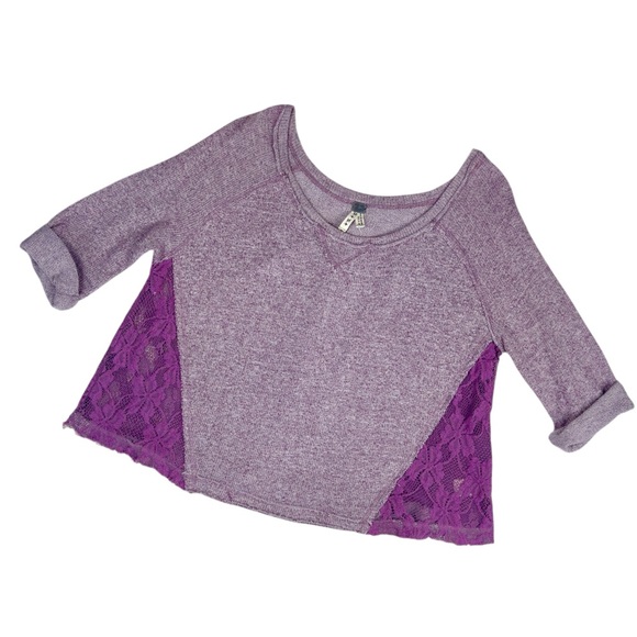 We The Free Mauve Lace Accent Raw Hem 3/4 Sleeve Oversized Pullover Top Medium - Picture 2 of 2